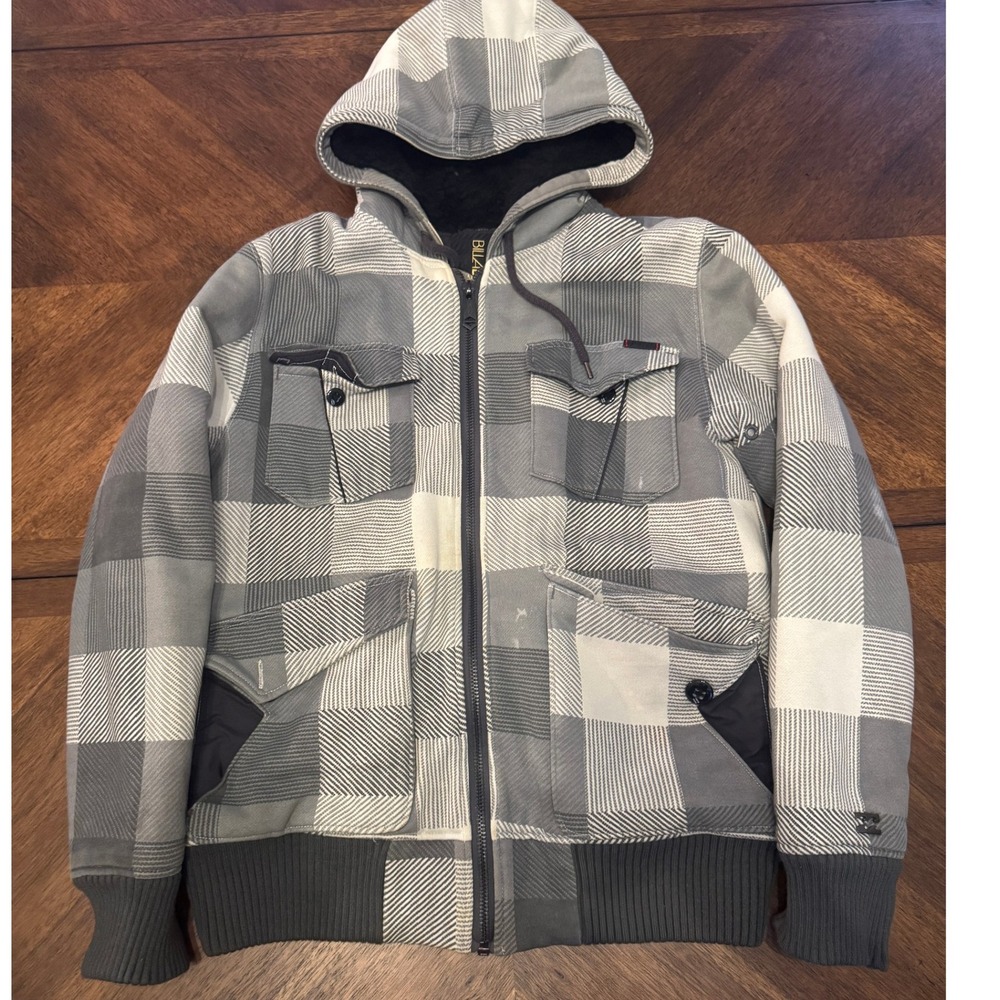 Billabong Gray Plaid Fleece Lined Hooded Jacket Coat Mens Full Zip |P1